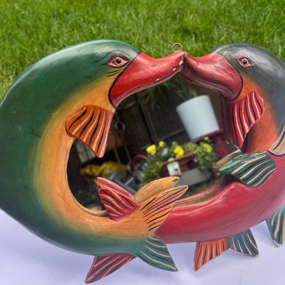 Kissing Dolphins Hanging Wall Mirror  (circle of three) Hand Carved & Painted